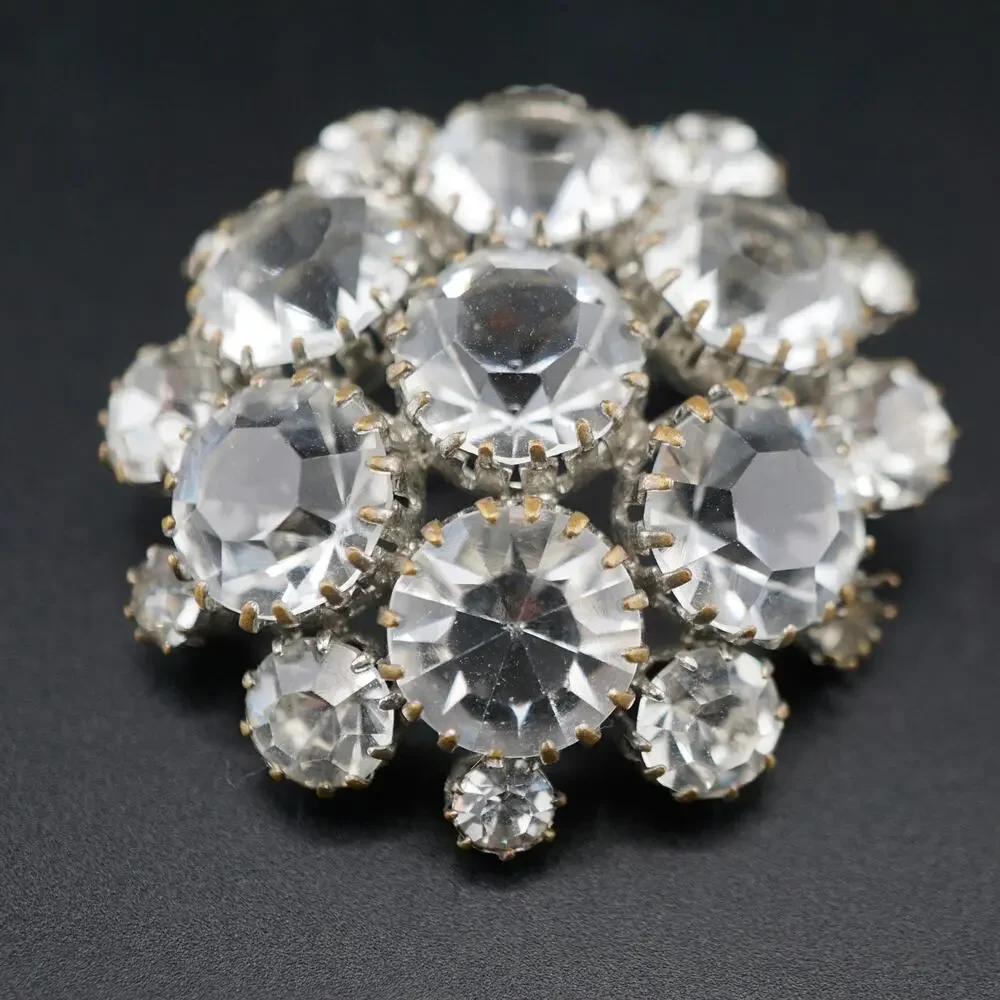Vintage Clear Rhinestone Dome Cluster Brooch Silver Tone Pin Statement Retro MCM